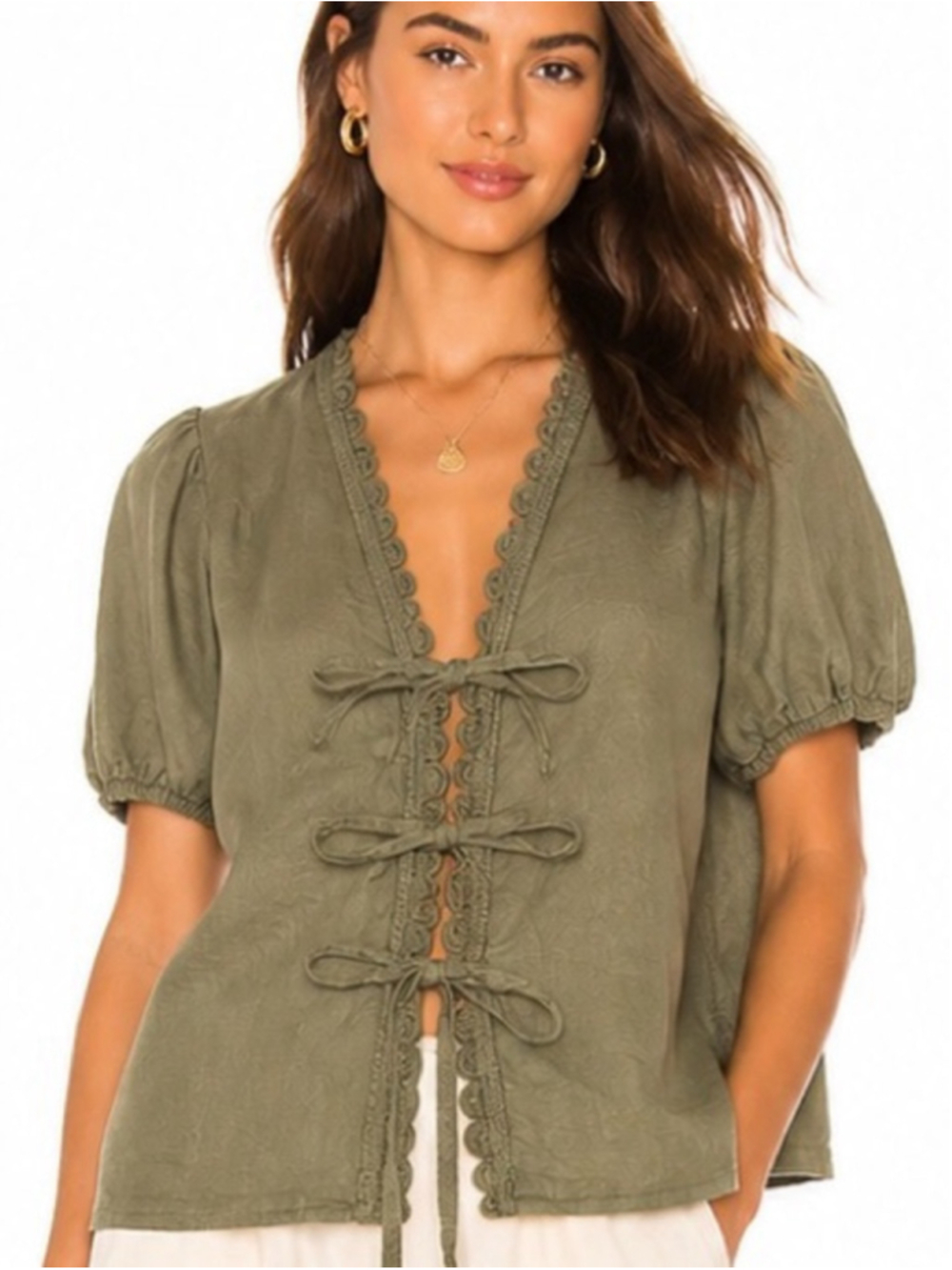 Spighe di Lino Italy Linen Tie-Front Blouse | Size L
